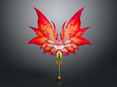 Mythical Fantasy Creature With Vibrant Red Orange Wings Pink Green Accents Green Stem Orange Orb 3d model