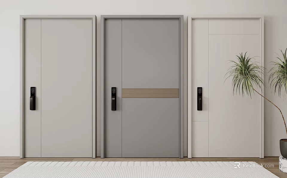 Three Colored Security Doors With Black Handles Brown Stripe And Green Plant 3d model 