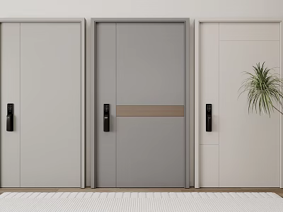 Three Colored Security Doors With Black Handles Brown Stripe And Green Plant 3d model