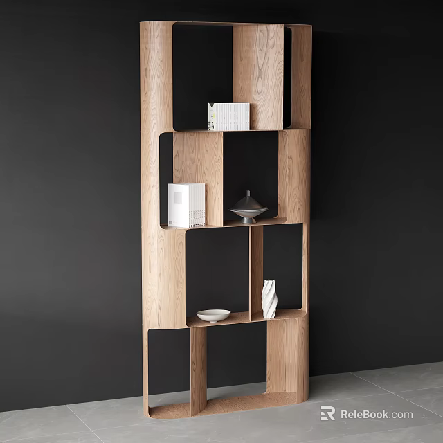 Minimalist Wooden Bookcase With Open Shelves Books Vase And Bowl Against Dark Wall 3d model 
