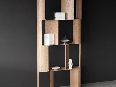 Minimalist Wooden Bookcase With Open Shelves Books Vase And Bowl Against Dark Wall 3d model