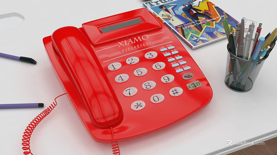 Red XIAMO Digital Telephone On Office Desktop With Stationery And Notebook 3d model 