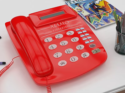 Red XIAMO Digital Telephone On Office Desktop With Stationery And Notebook 3d model