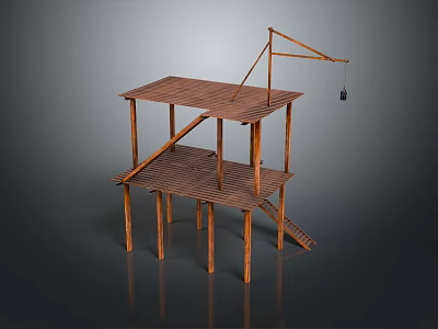 Wooden Building Model with Two Story Structure Construction Crane and Staircase 3d model