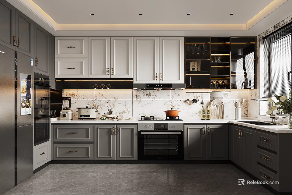 Modern Kitchen Interior With Gray White Cabinets Marble Countertops And Built in Appliances 3d model 