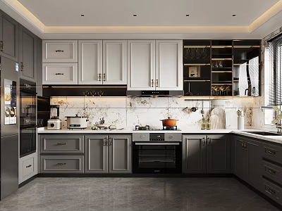 Modern Kitchen Interior With Gray White Cabinets Marble Countertops And Built in Appliances 3d model