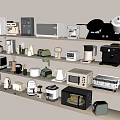 Various Kitchen Appliances Including Coffee Makers Microwaves and Toasters Arranged on Shelves