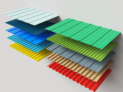 Colorful Corrugated Metal Roofing Sheets Stacked in Multiple Colors for Construction 3d model
