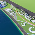 Park Landscape with Waterfront Green Lawns Pathways and Colorful Circular Areas with Shade Structures