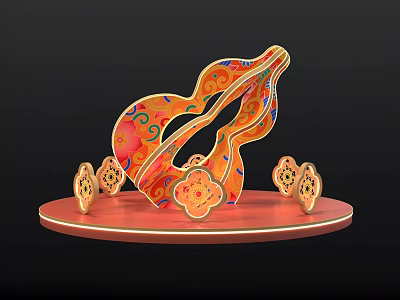 Traditional Colorful Gourd Shaped Photo Check In Spot With Intricate Patterns And Red Circular Base 3d model