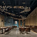 Modern Restaurant Interior With Stylish Hanging Pendant Lights Blue Decor And Brown Leather Chairs