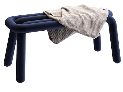 Modern Blue Stool With Tubular Curved Legs And Beige Blanket On Surface 3d model