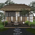 Traditional Japanese Courtyard Garden with Thatched Roof Tea House Stone Path and Green Plants