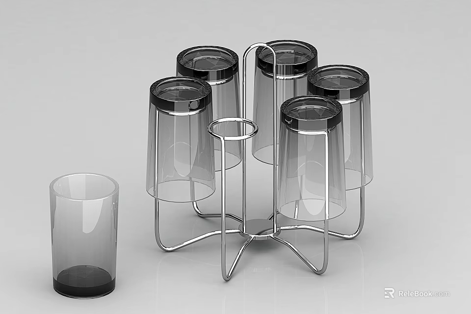 Transparent Cups on Metal Stand Featuring Six Pieces and Single Cup Design 3d model 