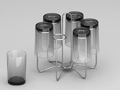 Transparent Cups on Metal Stand Featuring Six Pieces and Single Cup Design 3d model
