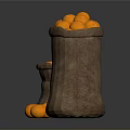 Fresh Oranges in Burlap Sacks with Scattered Fruits on Dark Background