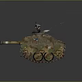 Military Tank With Camouflage Paint Antennas Mesh Covering on Top And Crew Member Figure