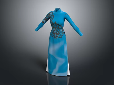 Elegant Blue Cheongsam With Long Sleeves Floral Embroidery And Side Slit 3d model