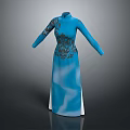 Elegant Blue Cheongsam With Long Sleeves Floral Embroidery And Side Slit