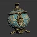 Vintage Turquoise And Gold Decorative Ornament Set With Floral Patterns Handles And Pedestal Base
