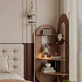 Wooden Display Shelf with Radio Dog Statue Lamp Books and Small Bowl in Home Interior