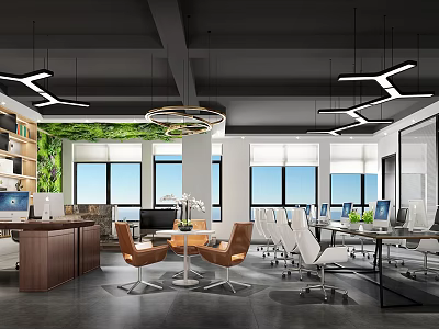 Modern Open Public Office Interior With Green Plant Wall Desks And Pendant Lights 3d model
