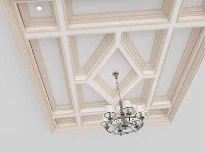 Ornate Light Colored Ceiling With Wooden Frame Geometric Pattern And Chandelier 3d model