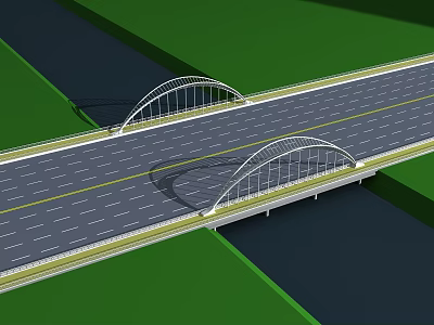 Modern Double Arch Bridge Design With Road Connection And Green Surroundings 3d model