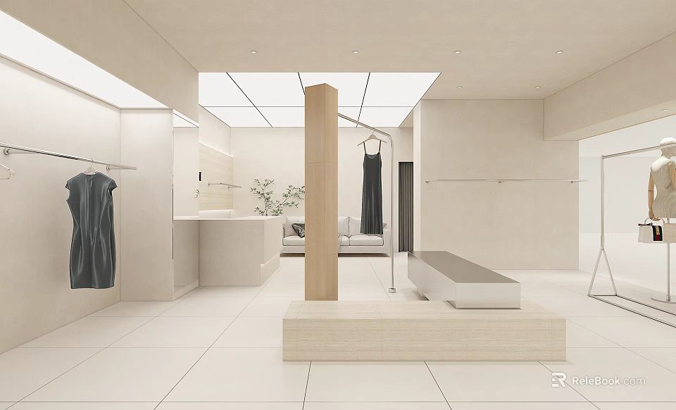 Minimalist Modern Clothing Store Interior With Light Beige Tones Racks Wooden Column And Display Platform 3d model 