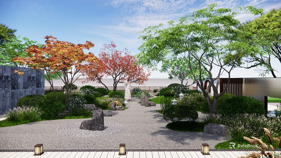 Traditional Garden Landscape With Colorful Trees Stones Gravel Path And Lanterns 3d model 