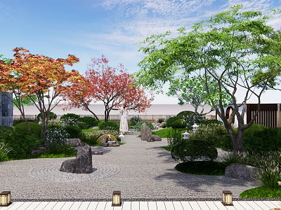 Traditional Garden Landscape With Colorful Trees Stones Gravel Path And Lanterns 3d model