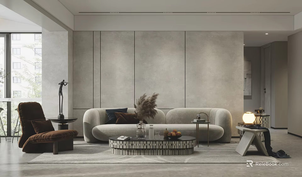 Modern Minimalist Living Room Interior With Light Gray Sofa Round Coffee Table And Gray Wall 3d model 