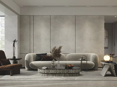 Modern Minimalist Living Room Interior With Light Gray Sofa Round Coffee Table And Gray Wall 3d model