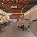 Modern Restaurant Interior With Refrigerated Food Display Case Dining Tables And Chairs