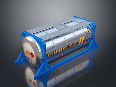 Polyfiber Co Ltd Cylindrical Industrial Tank With Blue Frame And Silver Body 3d model
