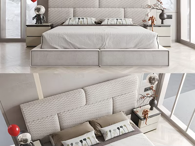 Modern Double Bed With Upholstered Headboard Nightstands Soft Bedding And Decorative Items 3d model