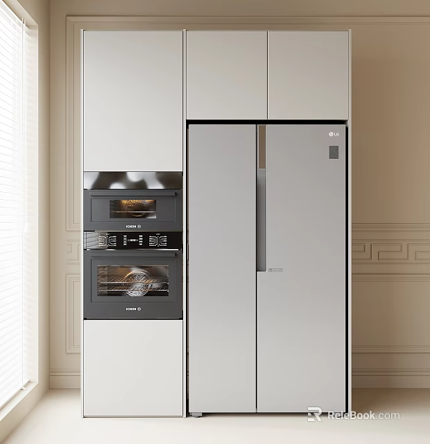 Modern Kitchen Interior With Built in Refrigerator Freezer And White Cabinets Oven Appliances 3d model 