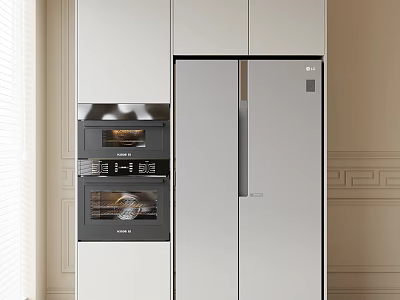 Modern Kitchen Interior With Built in Refrigerator Freezer And White Cabinets Oven Appliances 3d model