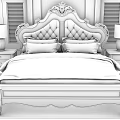 Elegant Wooden Double Bed with Carved Tufted Headboard Blue Comforter and Nightstands with Table Lamps