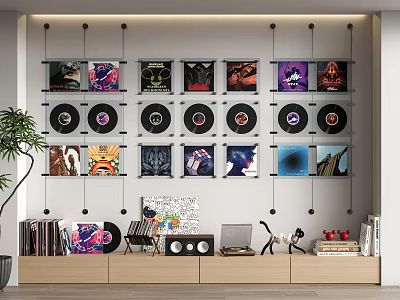 Headphones and Speakers Display with Vinyl Records and Record Covers on Wall Shelves 3d model