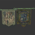 Medieval Tapestry Banners Displaying Castle Scene And Shield Emblem With Colorful Designs And Metal Hooks