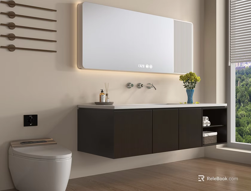Modern Bathroom Vanity With Wall Mounted Design Mirror Countertop Faucet And Green Plant 3d model 