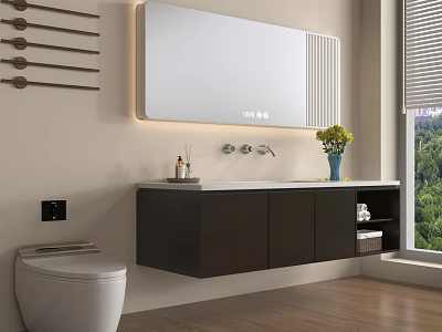 Modern Bathroom Vanity With Wall Mounted Design Mirror Countertop Faucet And Green Plant 3d model