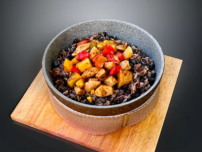 Delicious Black Rice Bowl with Chicken and Colorful Vegetables on Wooden Board 3d model