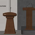 Two Brown Wooden Podiums With Microphones And Logo In Modern Interior Design