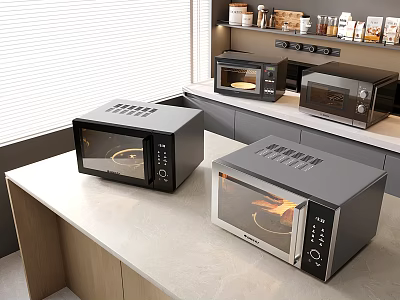 Three Black And Silver Microwaves On Modern Kitchen Countertop With Cabinets 3d model