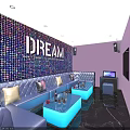 Modern KTV Interior With DREAM Mosaic Wall Purple Walls Comfortable Sofas And Glowing Tables