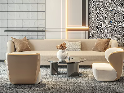 Modern Sofa And Round Coffee Table Set With Beige Cushions Armchairs And Gray Rug 3d model