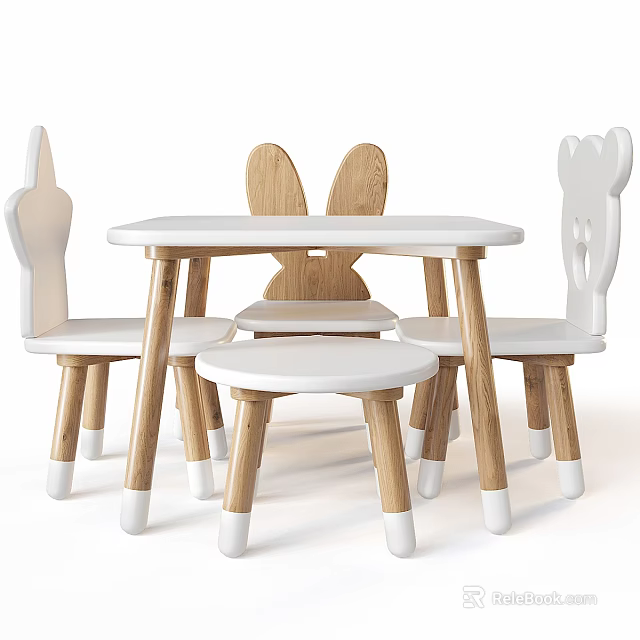 Kids Wooden Table Set With Bunny Ears Chairs And White Tabletop 3d model 