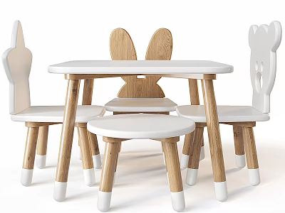 Kids Wooden Table Set With Bunny Ears Chairs And White Tabletop 3d model